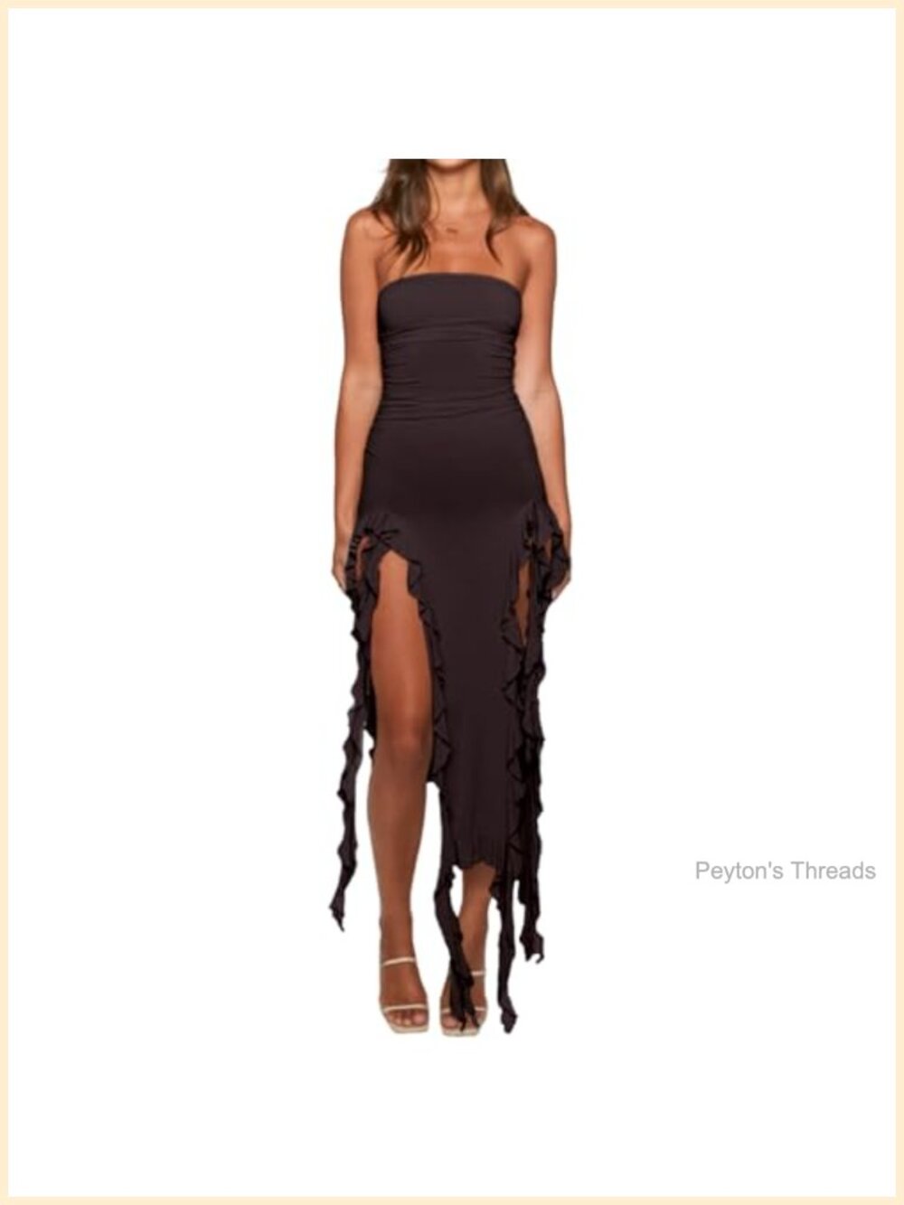 Women's Strapless Bodycon Midi Dress Ruched Ruffle Trim Split Y2K Club Party